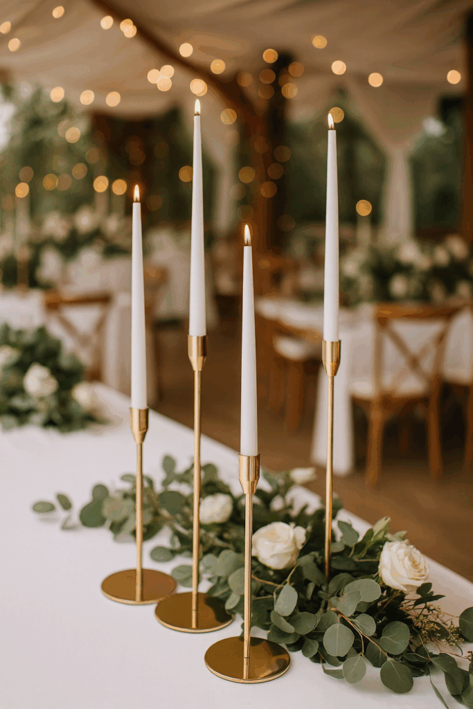 Günstige Hochzeitsdeko mit goldenen Kerzenständern